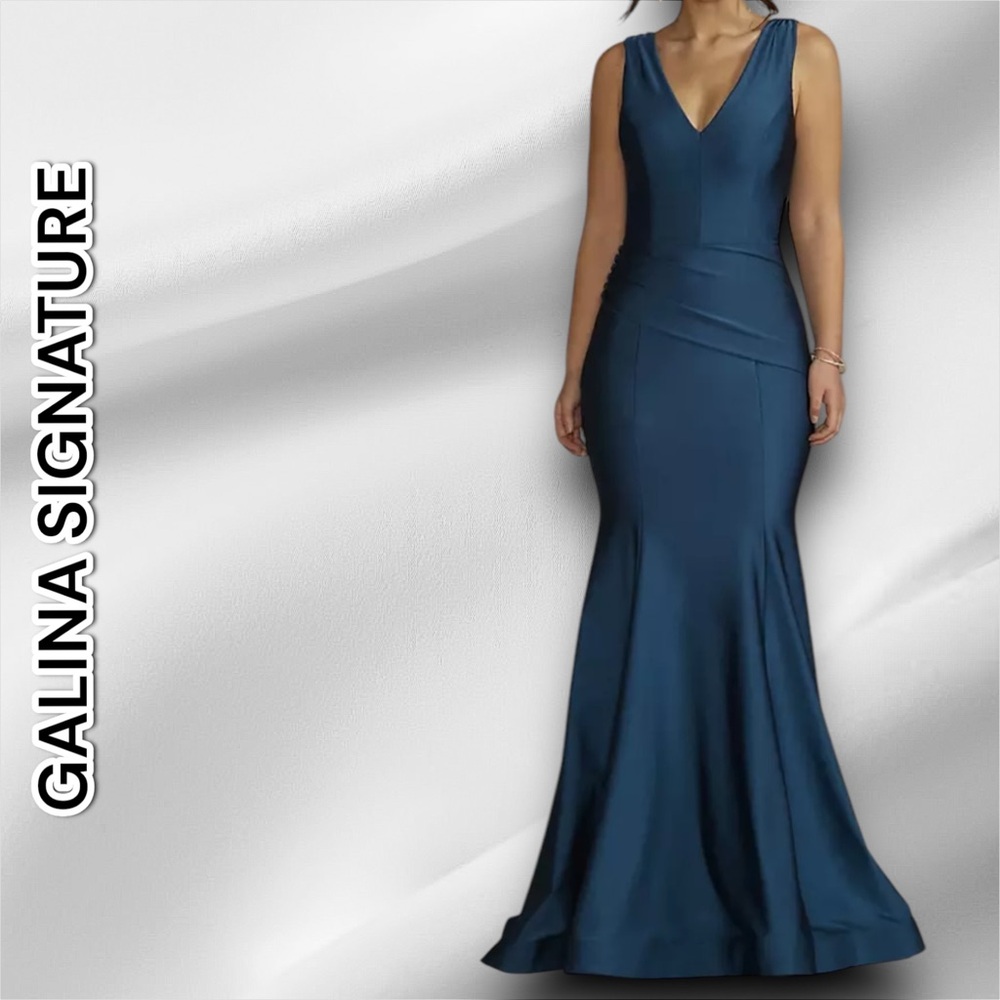 GALINA SIGNATURE DRAPED STRETCH SATIN PLUNGING MERMAID DRESS, CALYPSO size 2